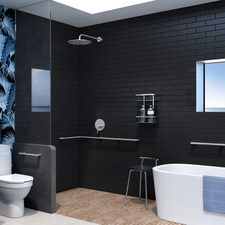 mörkt badrum med living care concept monterad i badrummet
